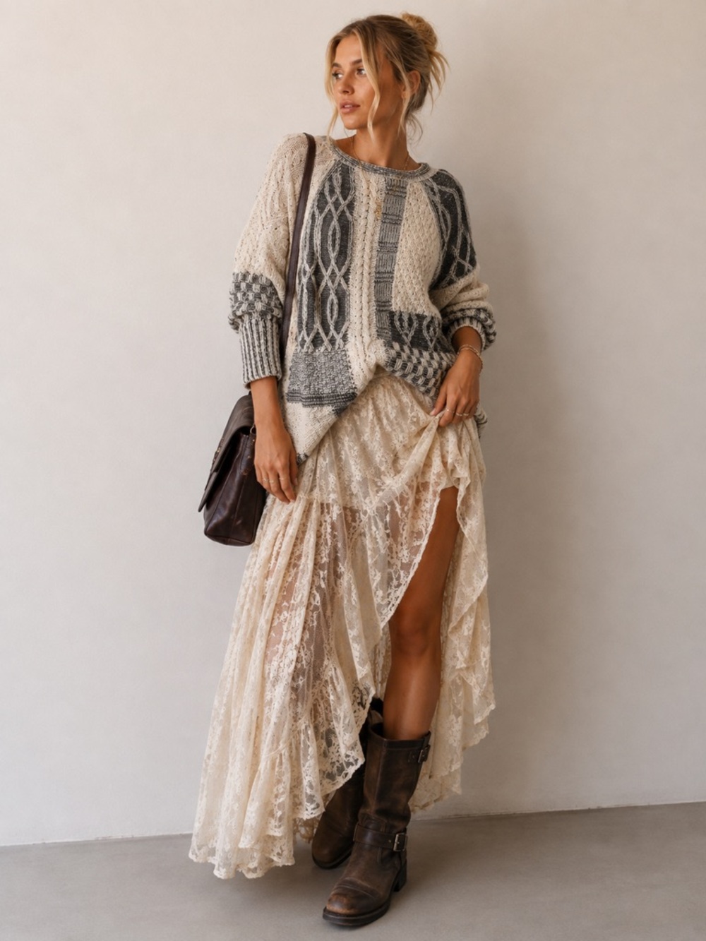CHAPS Fisherman Knit Mix Media Black Cream Sweater NEW Size 0X Boho Western